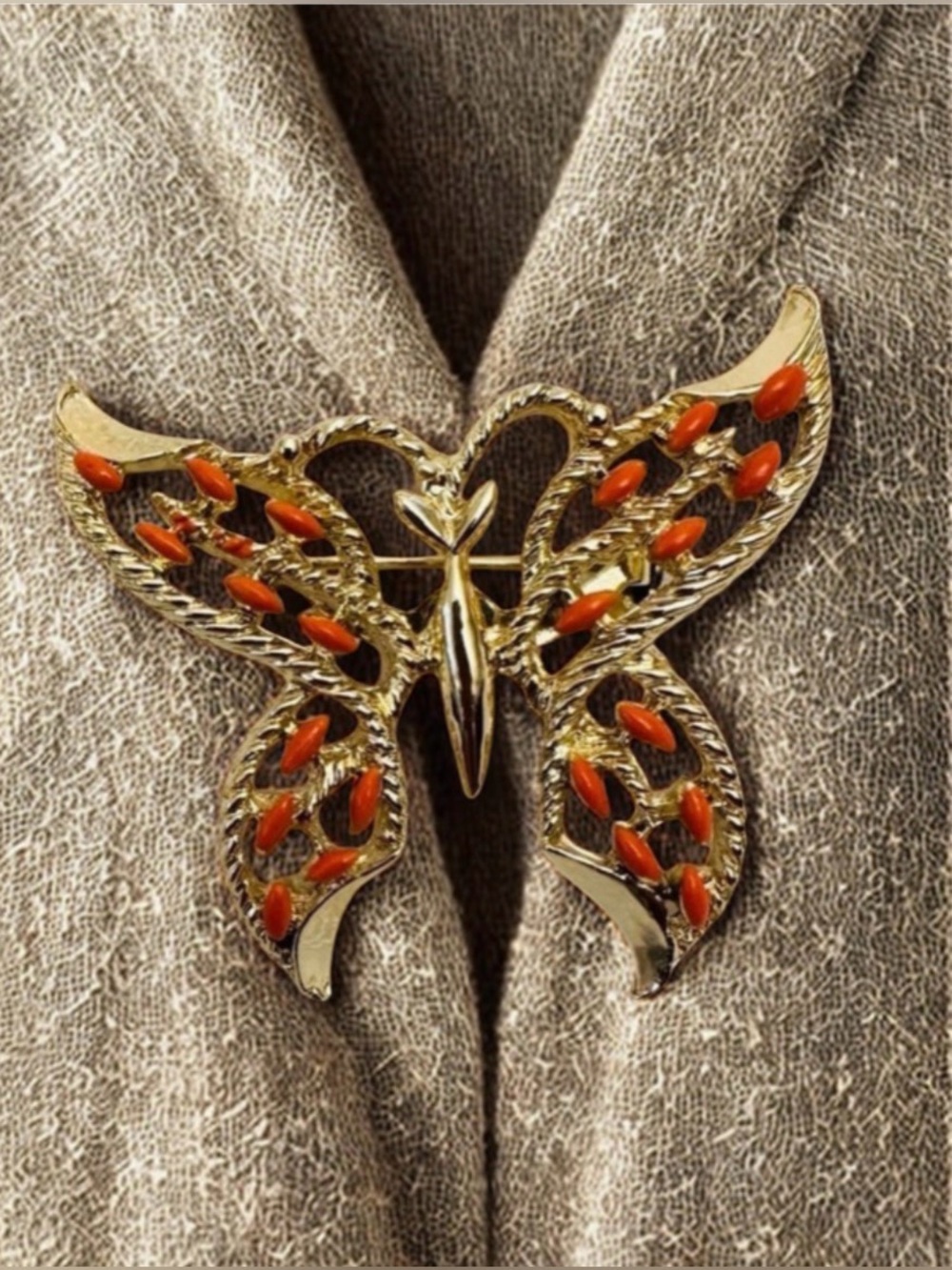 Gold Butterfly Brooch with Coral Accents*Vintage~1960’s*